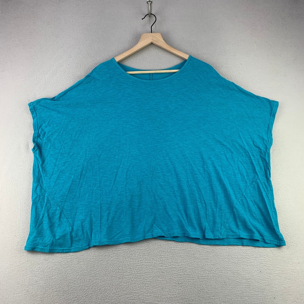 Cut Loose Boxy Linen Top Women OS Blue Cotton Beach Short Sleeve Slub Knit USA